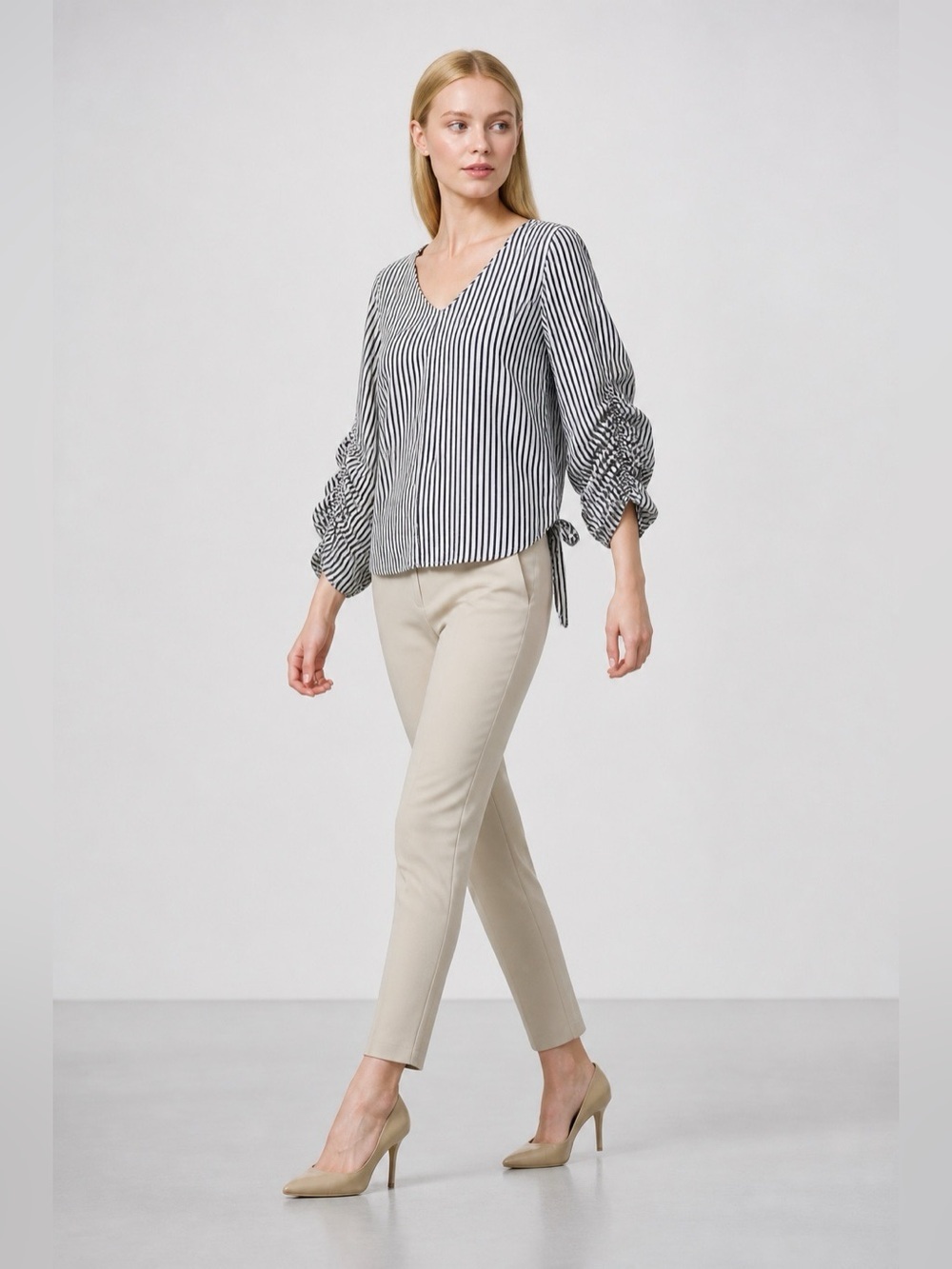 Ultra Flirt Striped Ruched Sleeves Tie-Back Top Size S